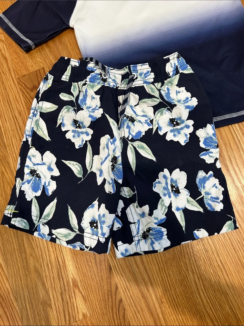 Crewcuts mish Boys Navy Blue & White Ombre Rashguard & 2 Patterned Swim Trunks 6